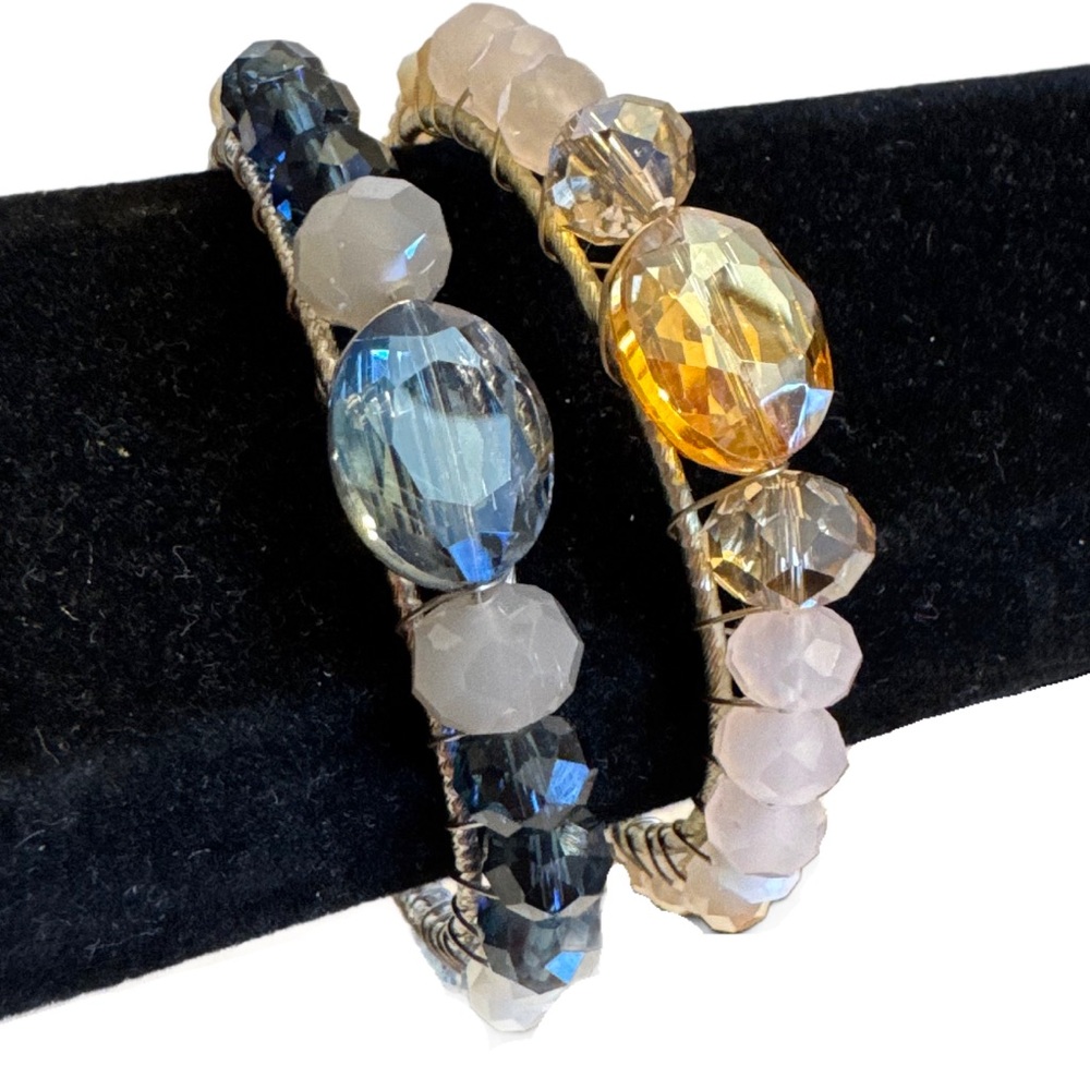LOT of 2 AB Faceted Crystal Cuff Bracelets Pink and Blue Jewelry Bundle